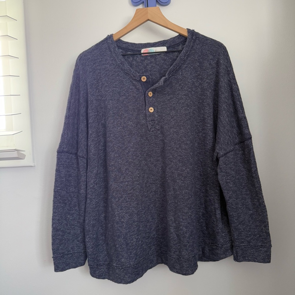Free People Medium Henley Pullover Heather Navy Oversized Relaxed Lounge